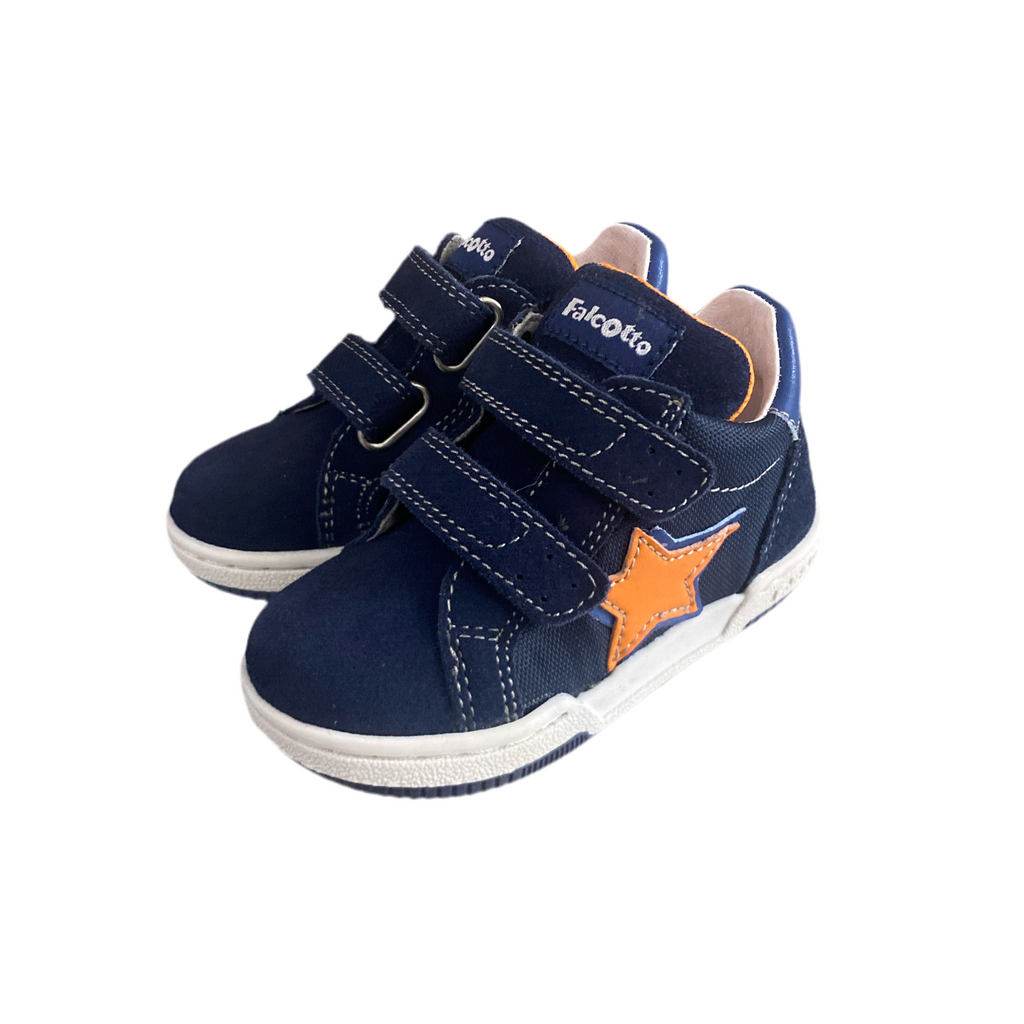 Scarpe primi passi bambino blu con doppio strappo e stella arancione laterale