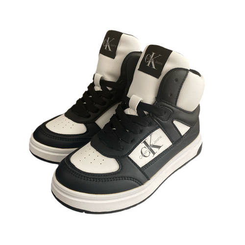 Sneakers bambino bianche e nere in ecopelle, logo visibile sul lato e sulla linguetta