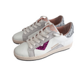 Sneakers bambino bianche con glitter argento e dettaglio viola, suola beige, lacci chiari