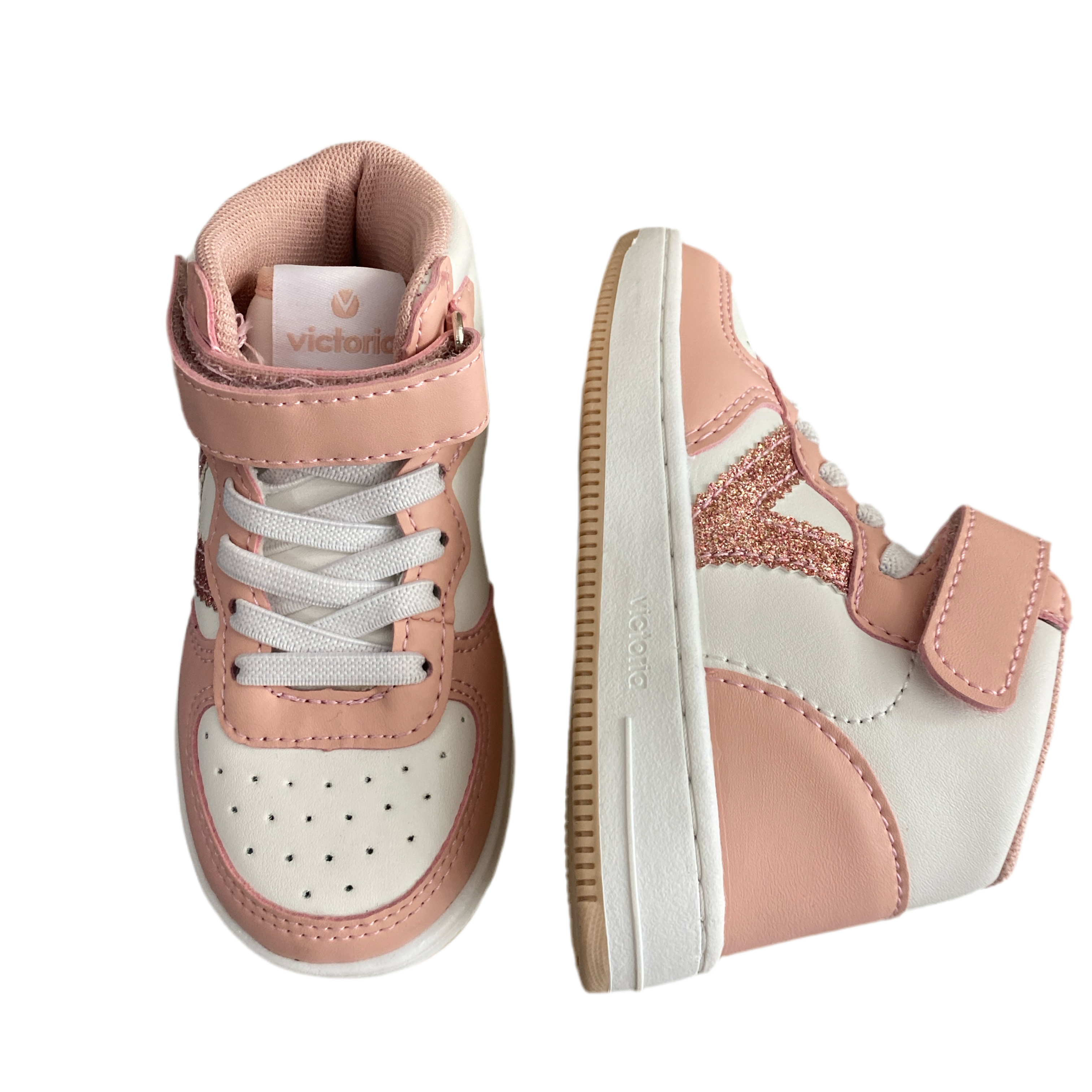 Sneakers primi passi bambina rosa e bianche con glitter laterale, chiusura a strappo e lacci