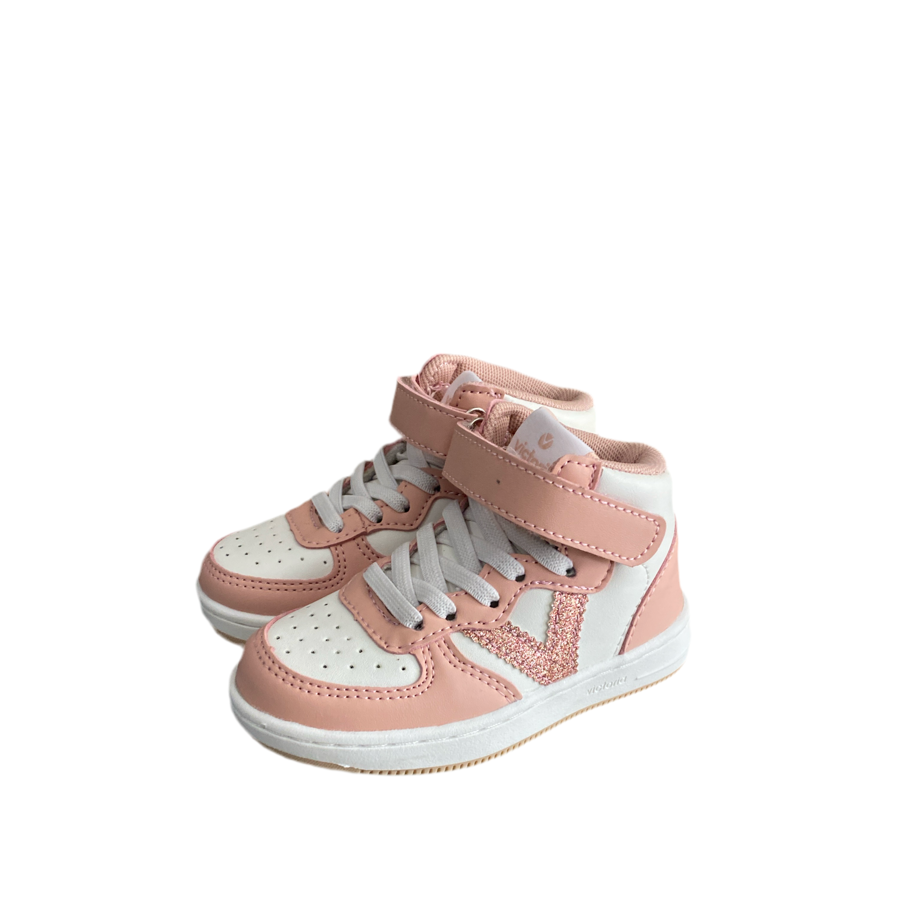 Sneakers bimba primi passi rosa e bianche con glitter, chiusura strappo e lacci