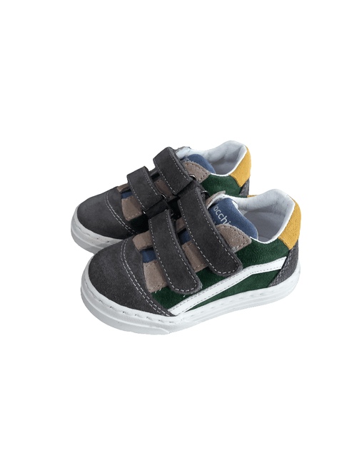 Scarpe primi passi bimbo multicolore in suede con doppio strappo e suola bianca