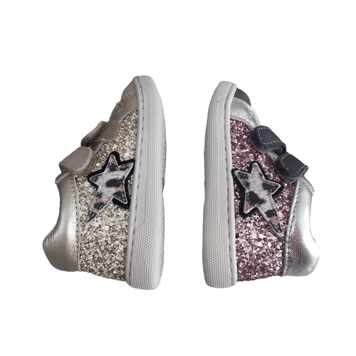 Sneakers bambina glitterate con stelle, chiusura a strappo, colori oro e rosa, suola bianca