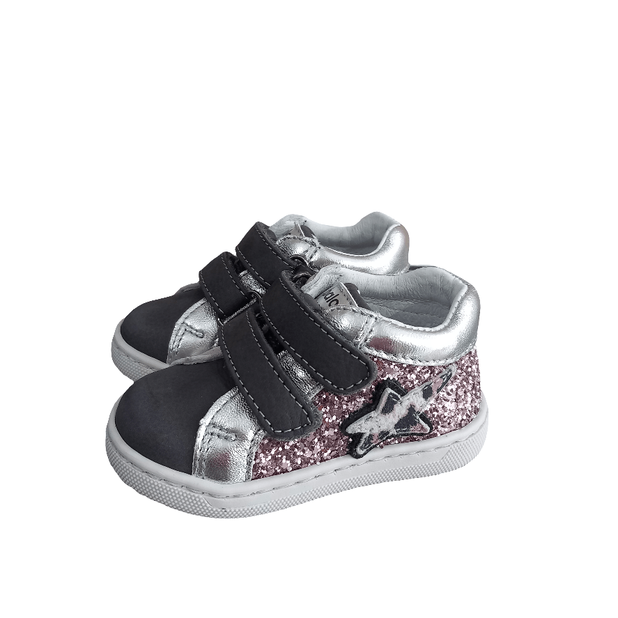 Sneakers bambina primi passi argento e rosa glitter con doppio strappo e stella laterale