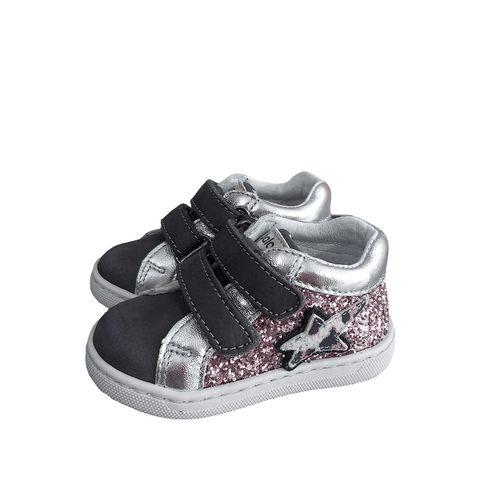 Sneakers bambina primi passi argento e rosa glitter con doppio strappo e stella laterale