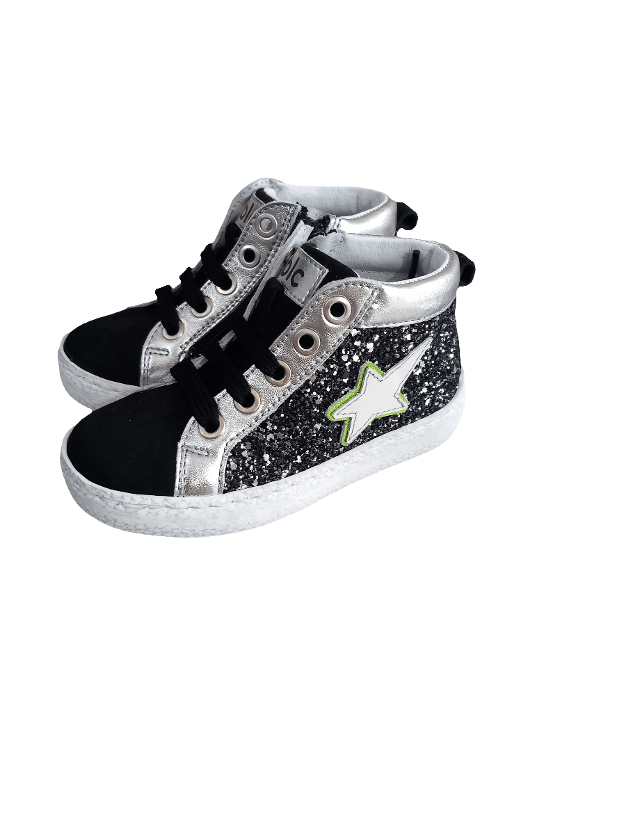 Sneakers bambina alte nere e argento con glitter, stella laterale bianca, lacci neri