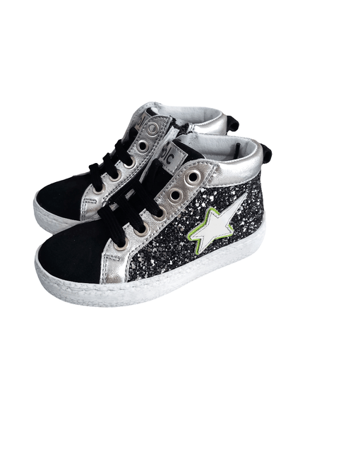 Sneakers bambina alte nere e argento con glitter, stella laterale bianca, lacci neri