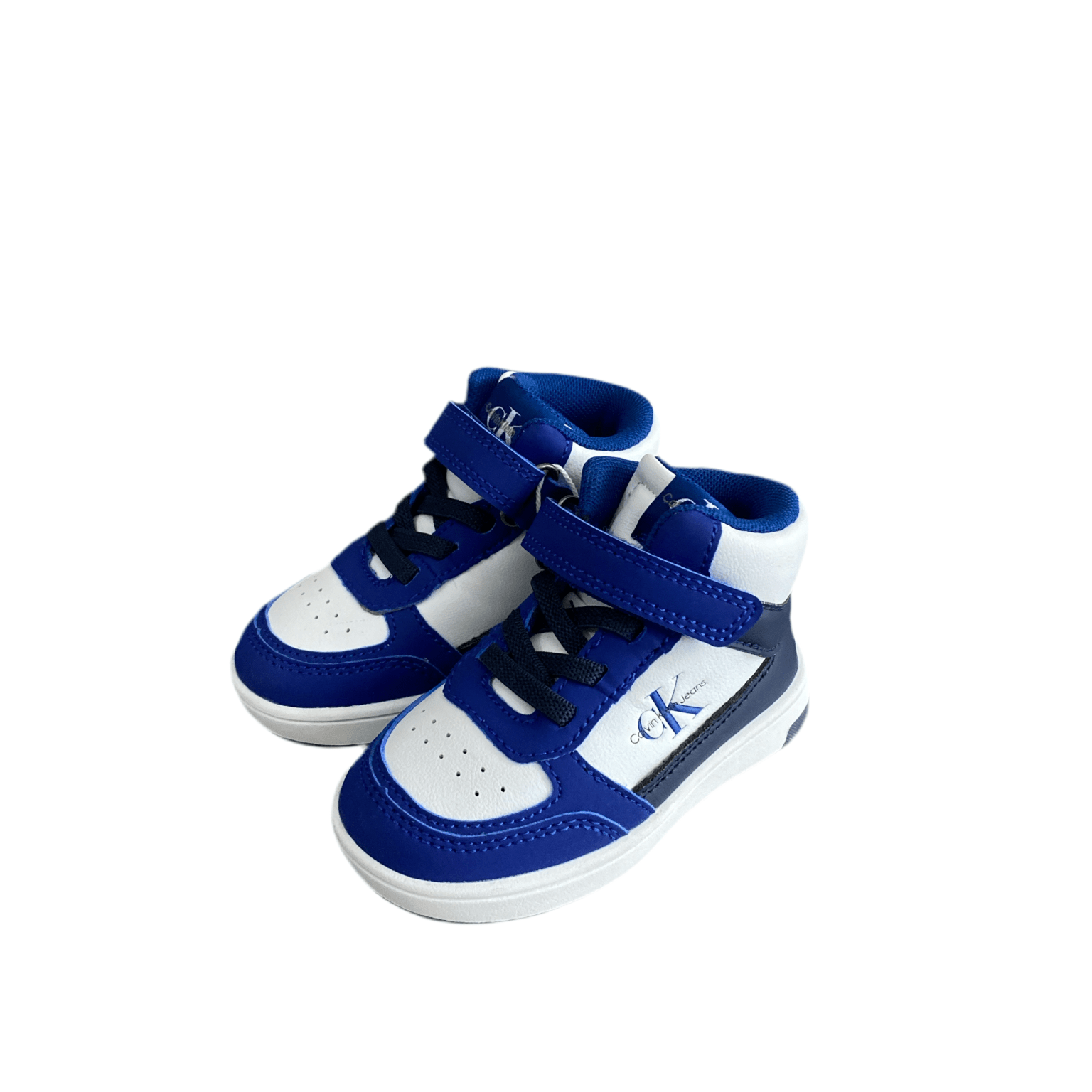 Sneakers alte bimbo blu e bianche con lacci e chiusura velcro, logo visibile sul lato.