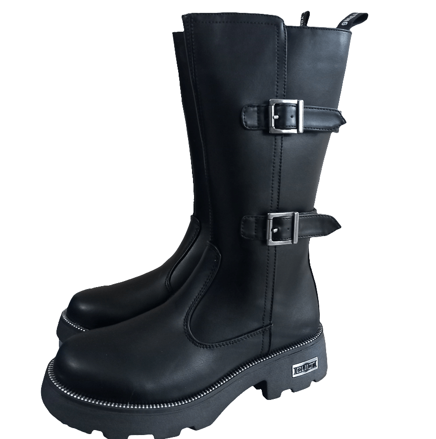 Stivaletti neri da bambina con fibbie metalliche e suola robusta, modello alto