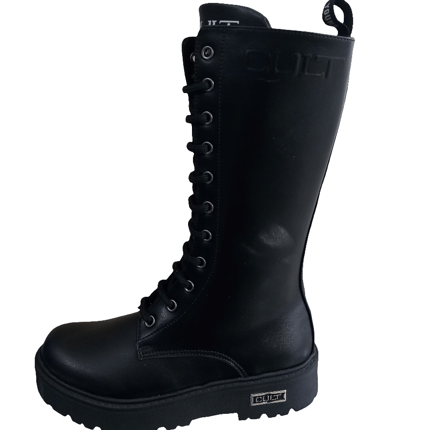 Stivaletto anfibio nero da bambino in pelle con lacci e suola spessa, stile moderno