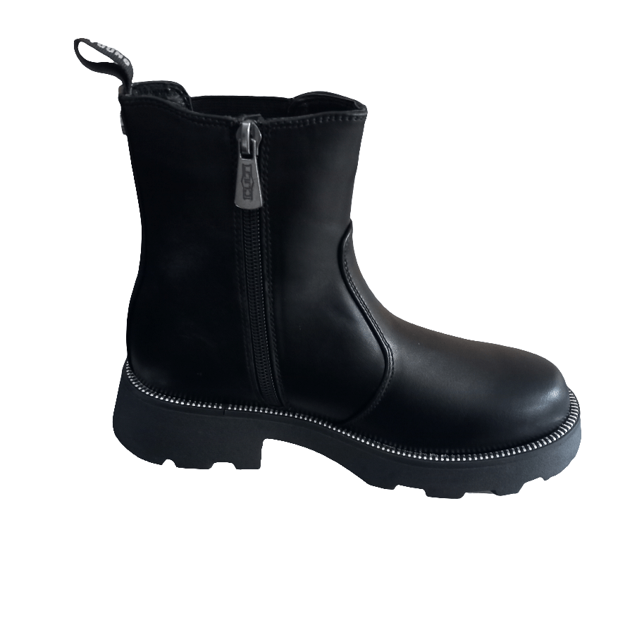 Tronchetto nero da bambino in pelle con suola robusta e zip laterale