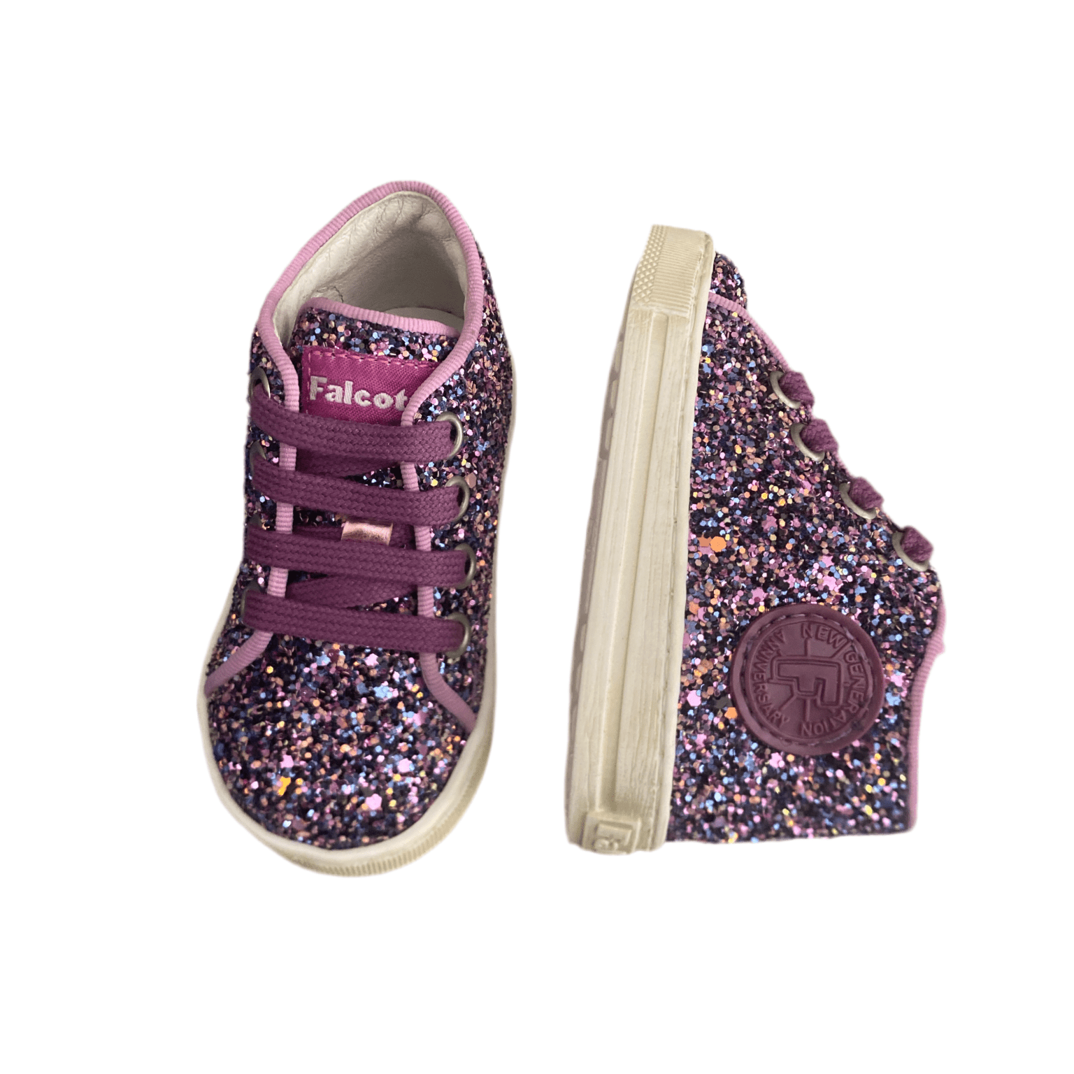 Scarpe primi passi bambina glitter viola con lacci lilla, sneaker brillante