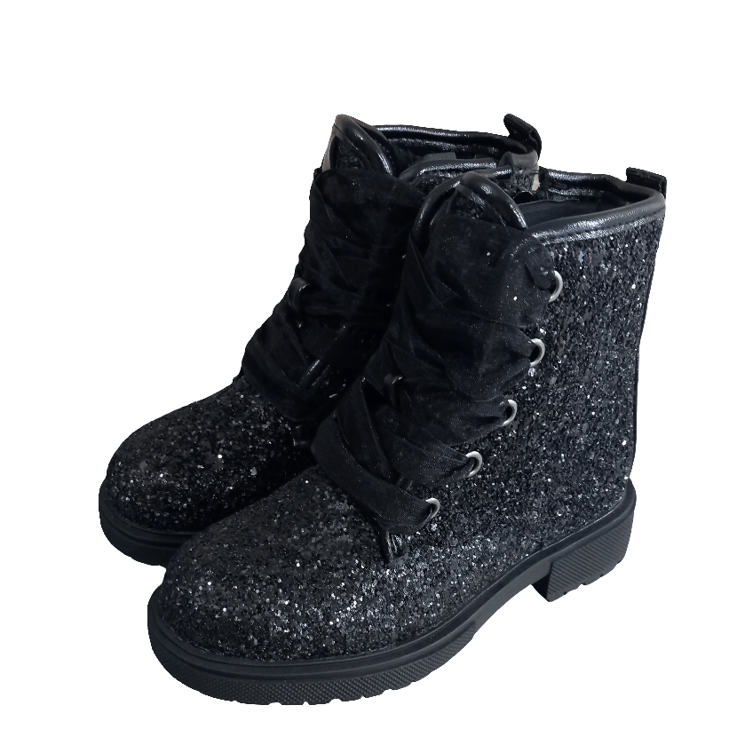 Stivaletti anfibi bambina glitter neri con lacci, suola alta, moda autunno inverno