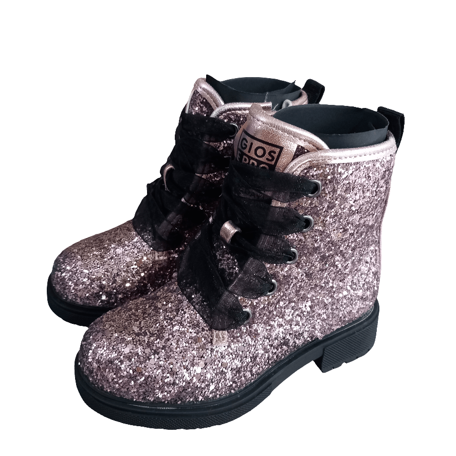 Stivaletti bambina glitter rosa con lacci neri, fondo nero, moda autunno inverno