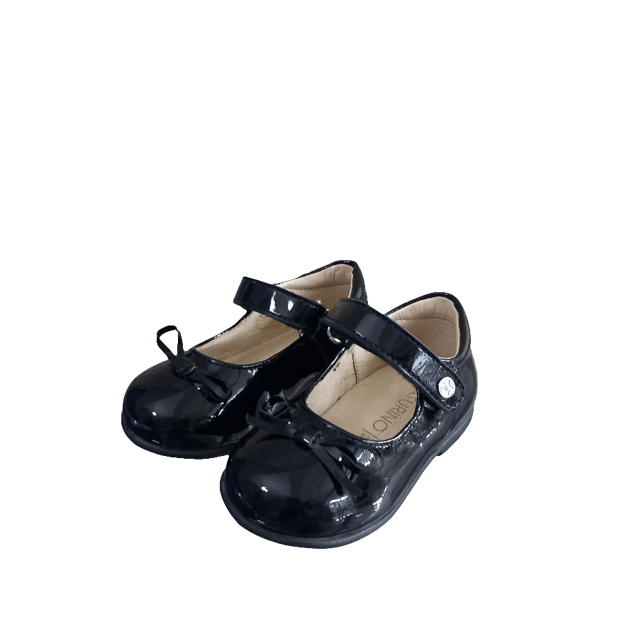 Ballerine bambina vernice nera con cinturino e fiocco, scarpe eleganti da cerimonia