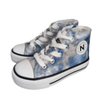 Sneakers alte bambino in tela jeans con lacci bianchi e suola in gomma, effetto denim