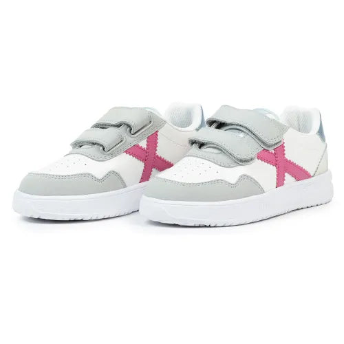 Sneakers Munich Mini Baloo Velcro bambina bianche e rosa con chiusura a strappo .

