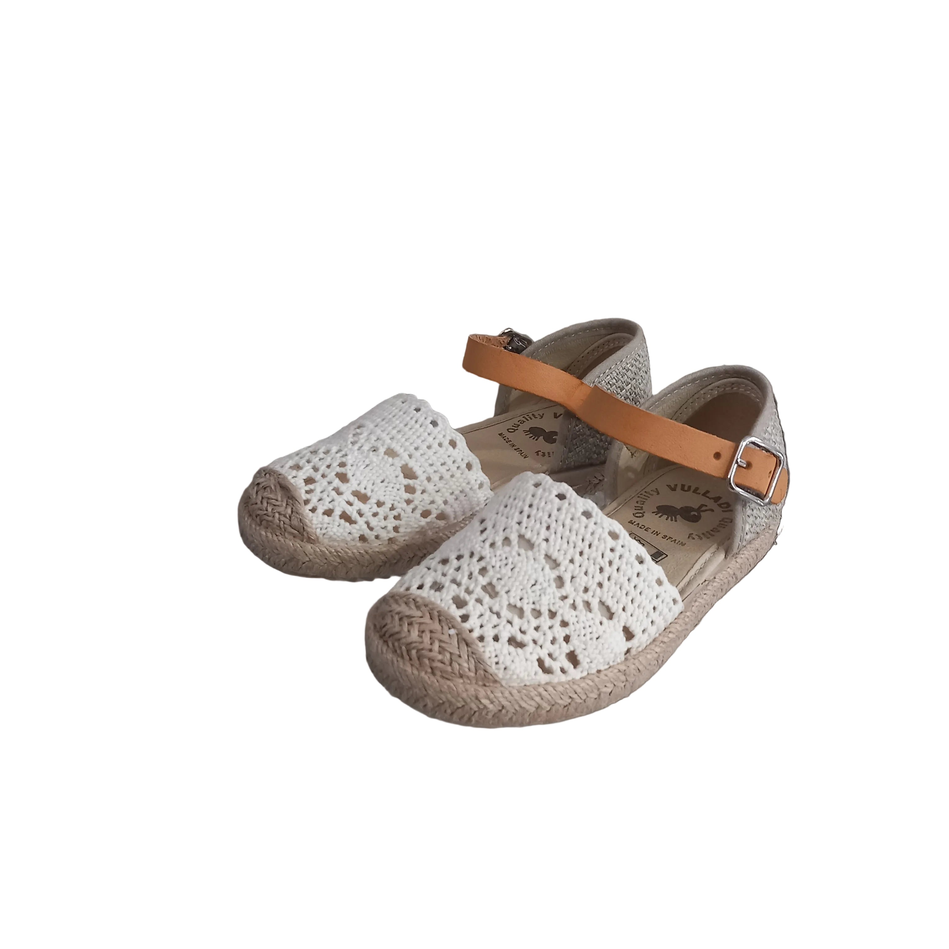 Espadrillas bambina Vul-ladi in macramè con cinturino in cuoio – vista frontale
