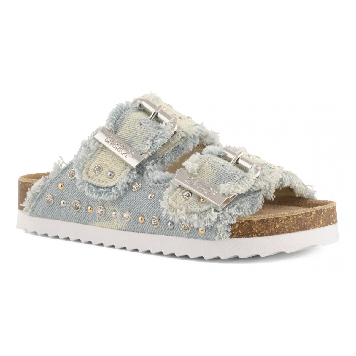 Sandalo doppia fascia in denim sfrangiato con strass – Colors Of California bambina