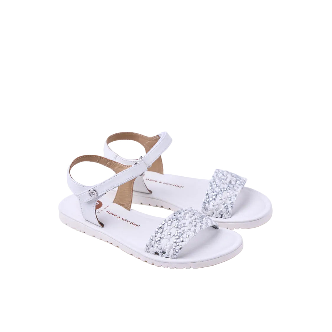 Sandali bambina Gioseppo Mahiu in pelle intrecciata con dettagli metallici e allacciatura alla caviglia