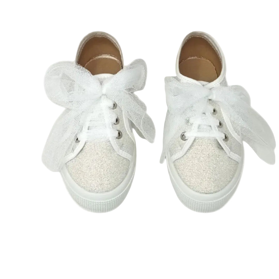 Sneaker bambina Vul-ladi in tela glitter con lacci in tulle – vista frontale