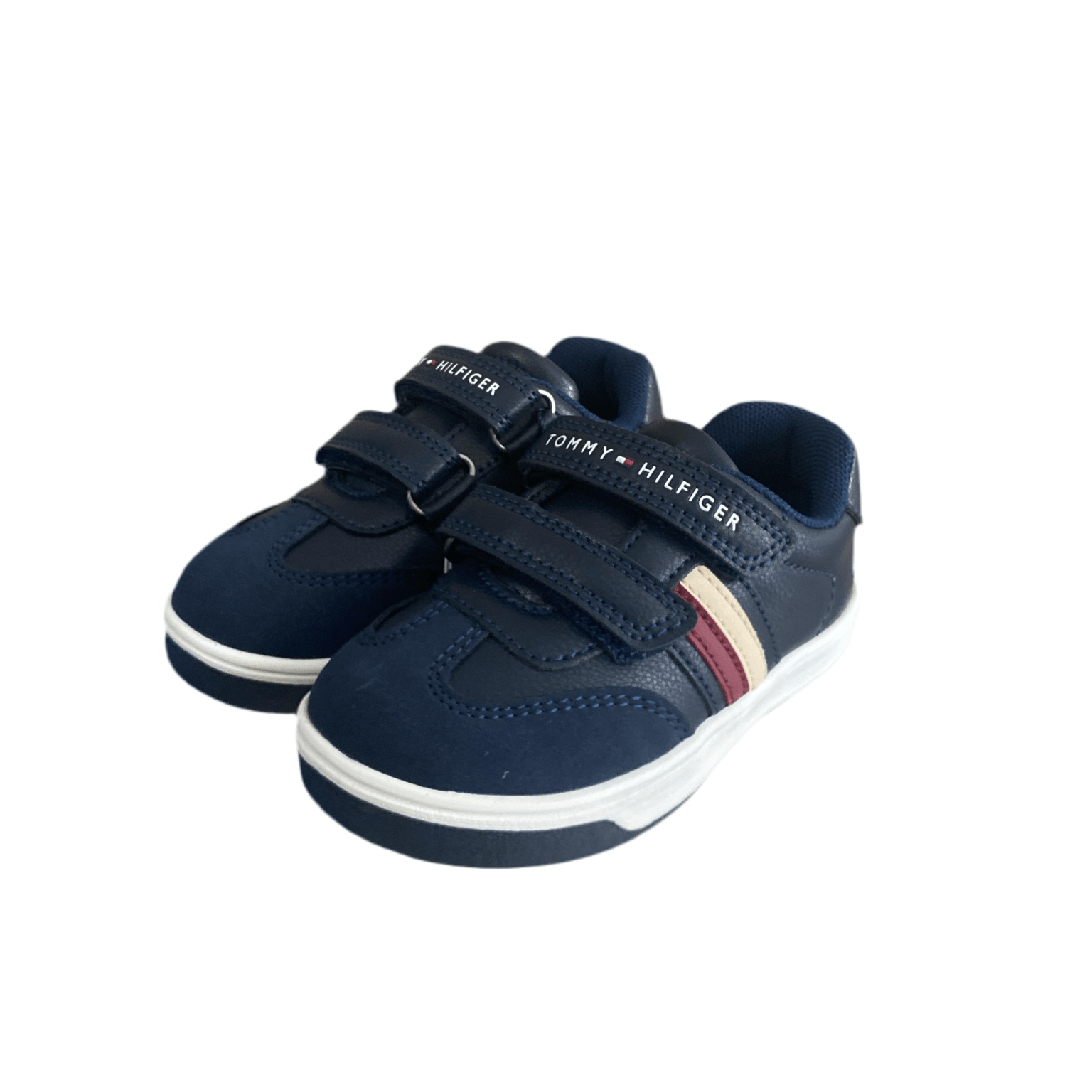 Sneakers bambino blu con doppio strappo, dettagli a righe e suola bianca