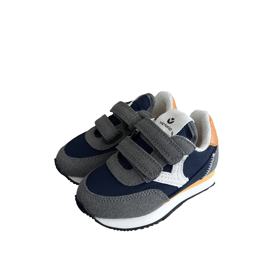 Sneakers bambino blu e grigie con doppio strappo, dettagli bianchi e arancioni